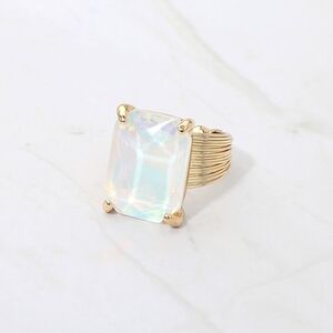Opal White Emerald Cut Crystal Adjustable Ring Fashion Statement Jewelry
